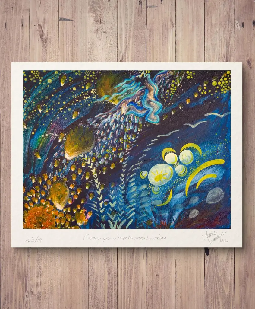 Femme qui s'envole vers ses rêves - Peinture Energétique - Tirage d'art -Vibrante Sauvage - Fond Chambre couleurs chaudes.webp