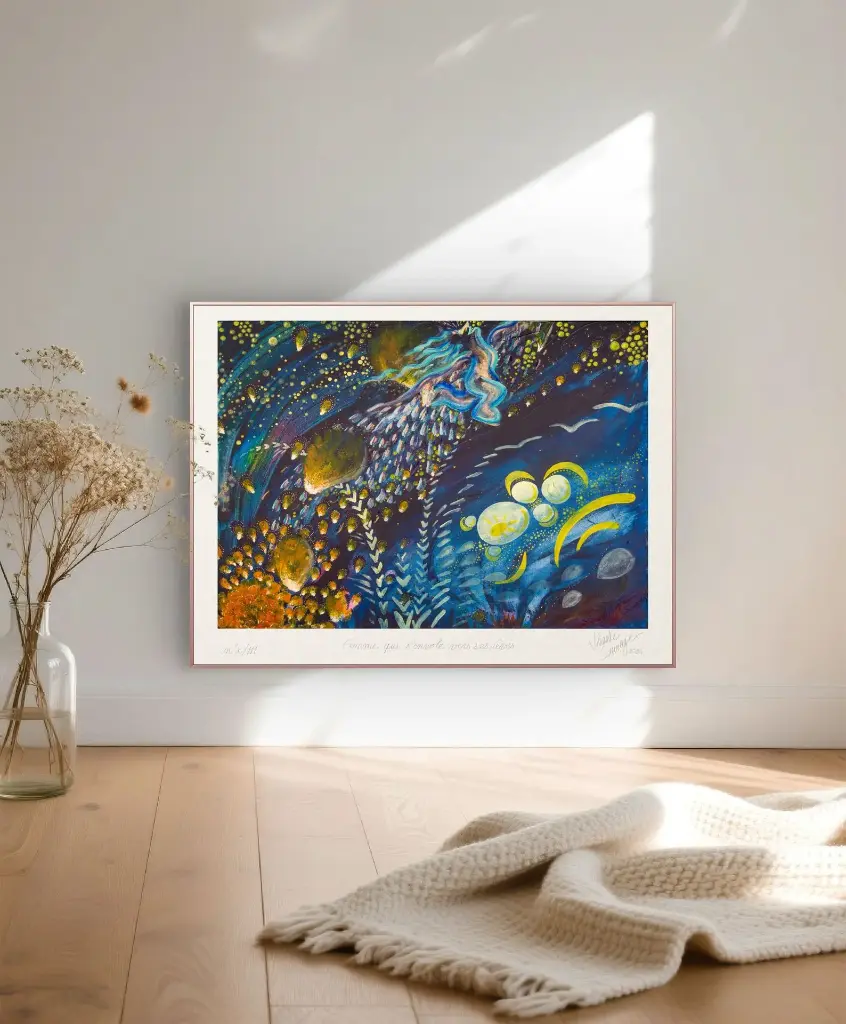 Femme qui s'envole vers ses rêves - Peinture Energétique - Tirage d'art -Vibrante Sauvage - Fond bureau d'écrivaine.webp