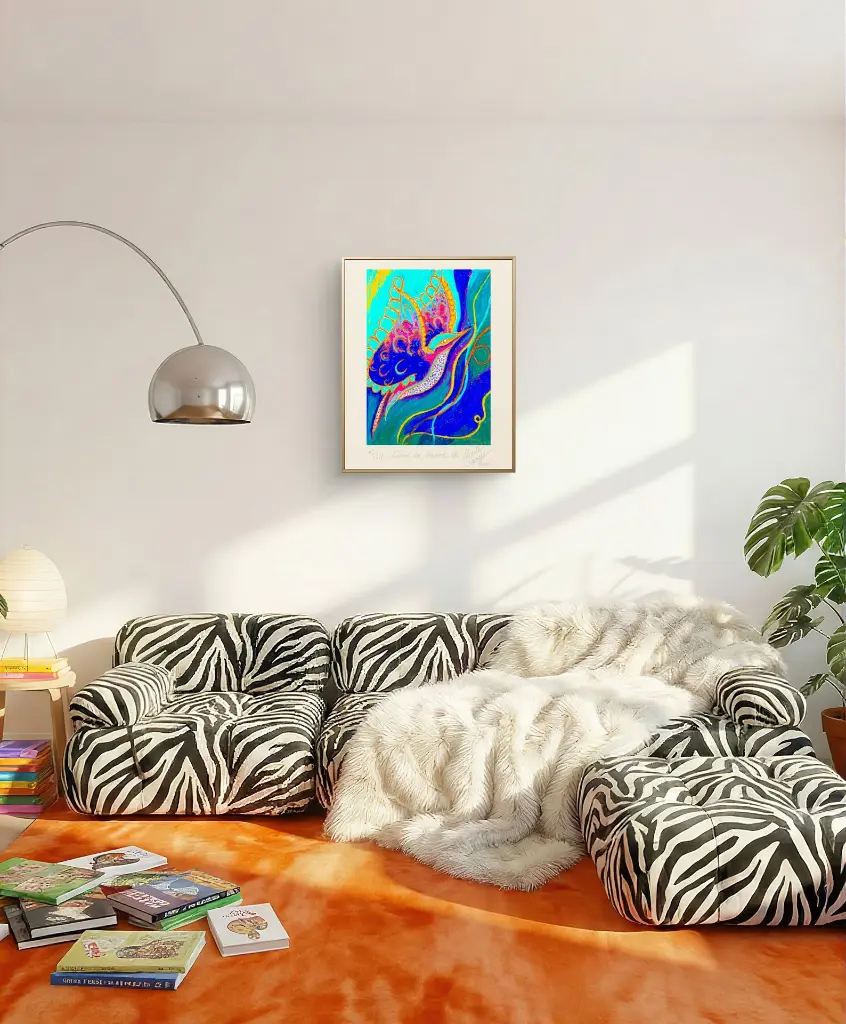 Libère toi, Envole toi - Vibrante Sauvage - Peinture énergétique  - Tirage d'art - fond canapé zèbre.webp